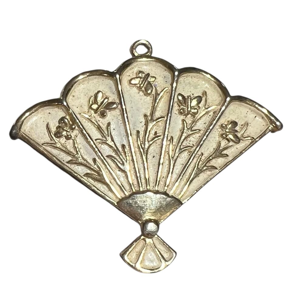 Signed ORNK Vintage Brass Fan Pendant Charm Ornate Floral Design